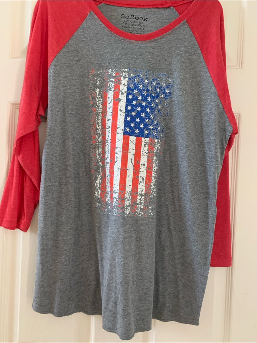 SoRock Raglan Tee 3/4 sleeves with Distressed American Flag - Gray & Red